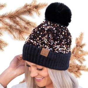 C.C. Sequin Fur Pom Beanie (Gold)